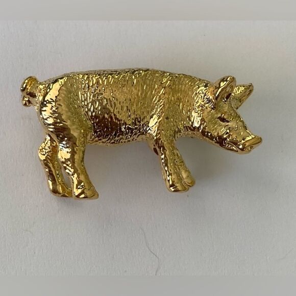 Vintage Highly Detailed Vintage Gold Tone Pig Brooch - Picture 1 of 5